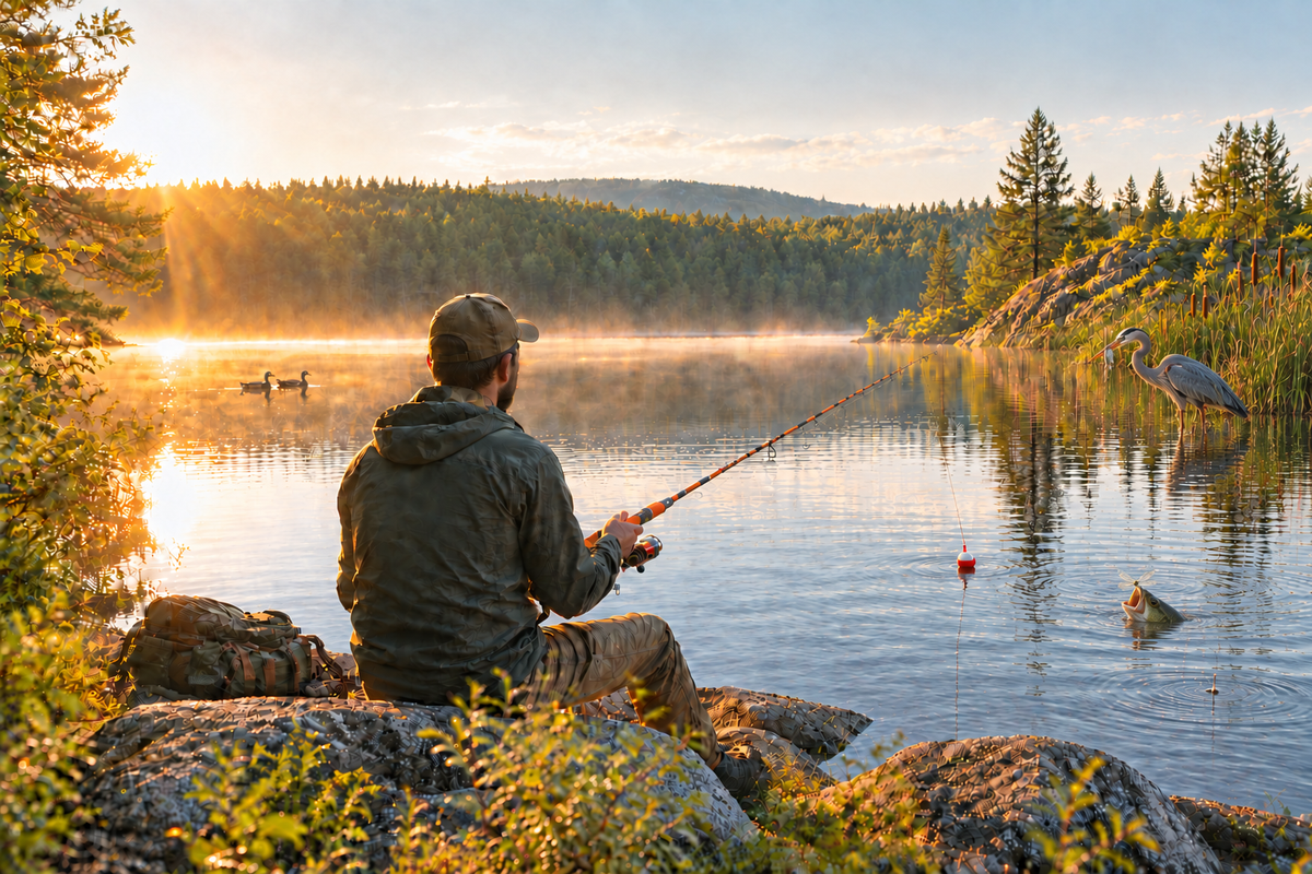 Fishing scene with a refined blue heron holding a fish and a lower bass with its mouth wider open