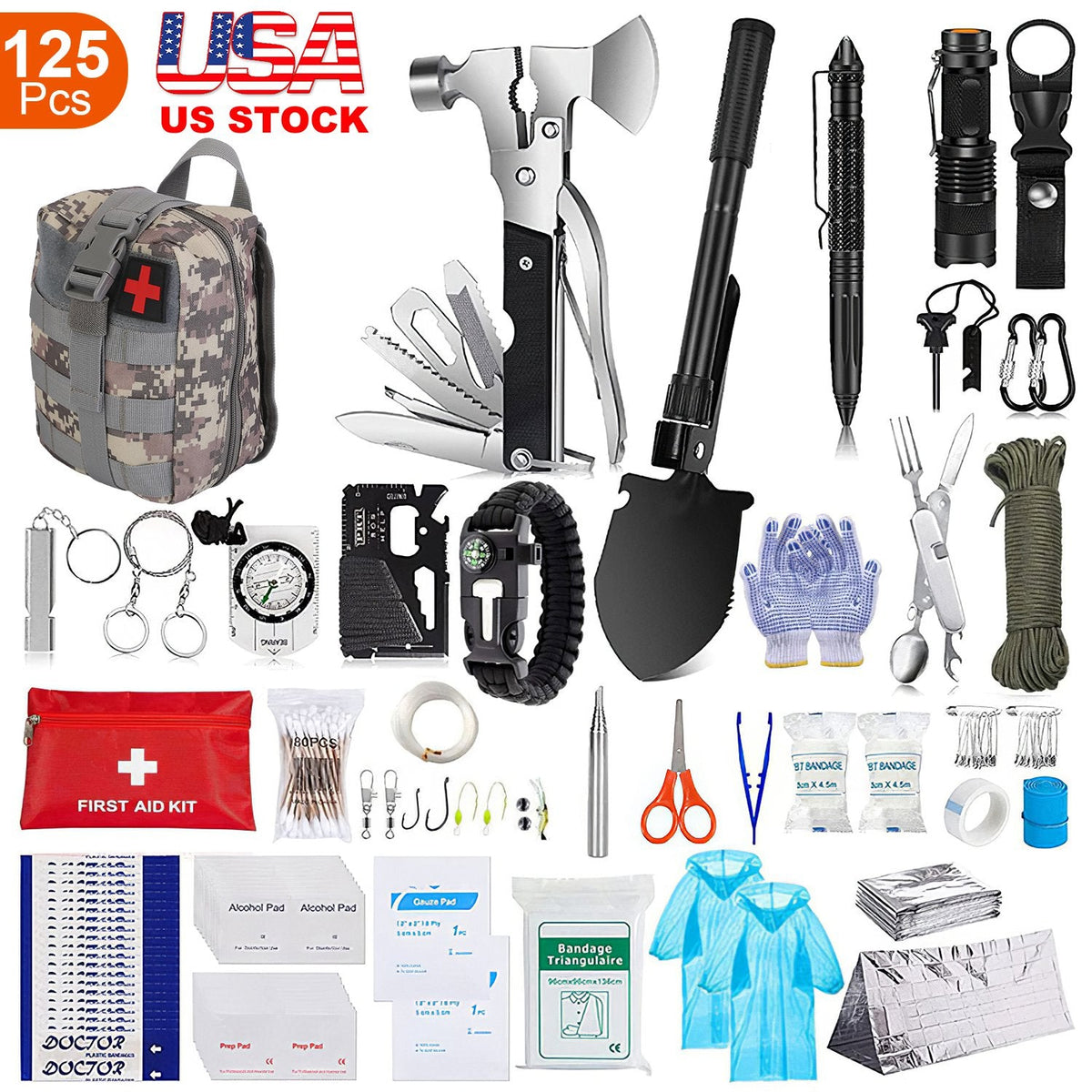 125Pcs Survival Kits Professional Emergency Survival Gear Tactical First Aid Kit Supplies for Outdoor Adventure Camping Hiking Hunting