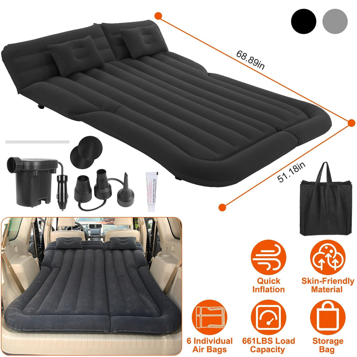Inflatable SUV Air Mattress Thickened Camping Bed Cushion with Pillow Air Pump Storage Bag PVC Flocked Car Bed for Home Car Travel Camping