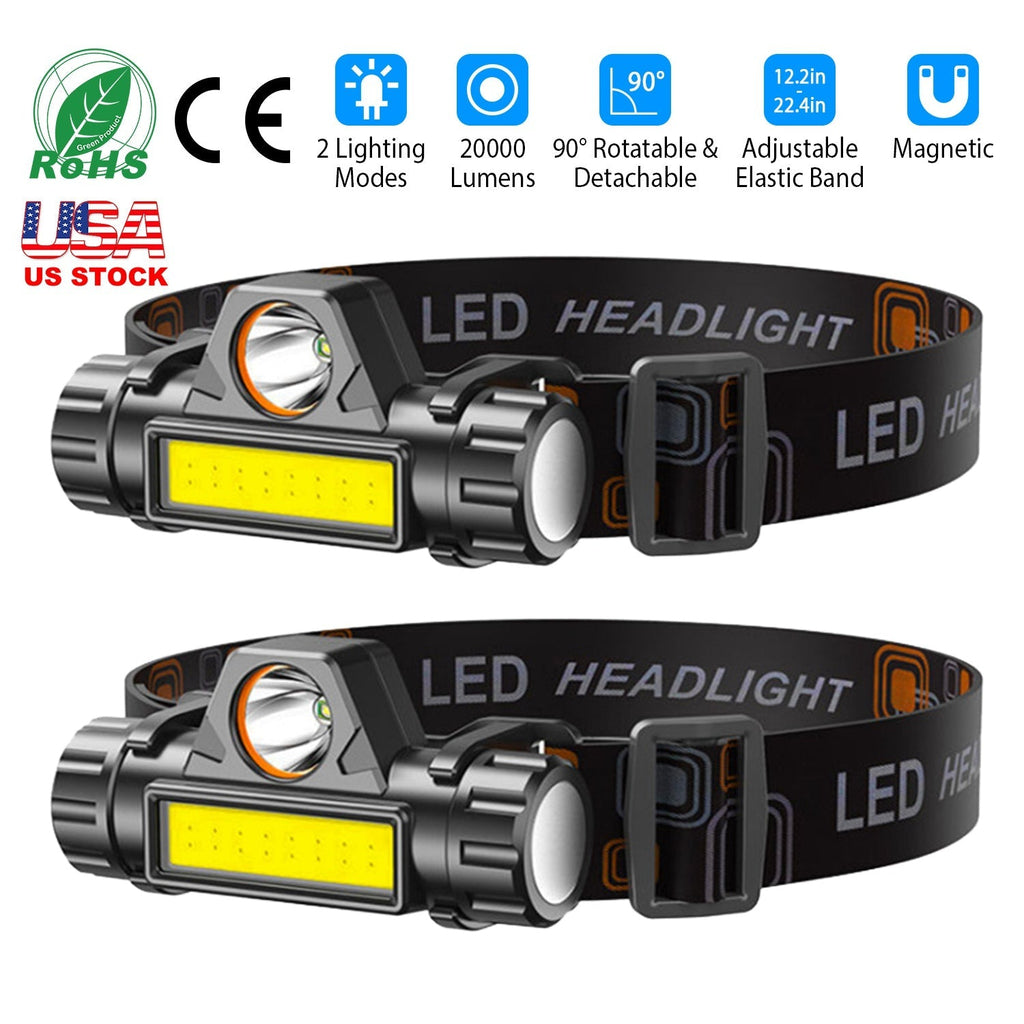 2 Packs Rechargeable Headlamp IPX4 Waterproof Headlight Flashlight Hand-free Head Torch for Fishing Camping Hiking Running