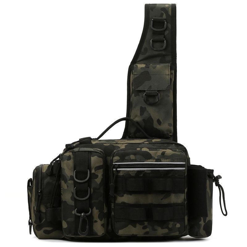 Men's Fishing Backpack: Equipped with bait box, equipment storage bag, pole holder, sling & shoulder bag design.