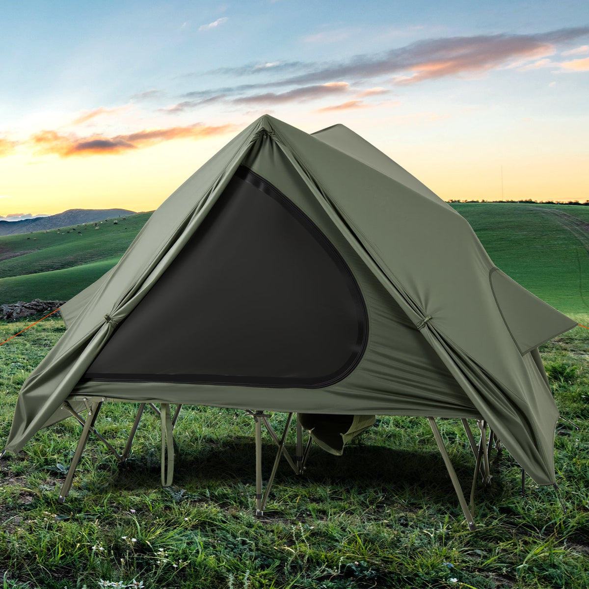 Foldable 2-Person Camping Cot Tent with Pop-up Tent Shelter and Portable Wheeled Bag-Green