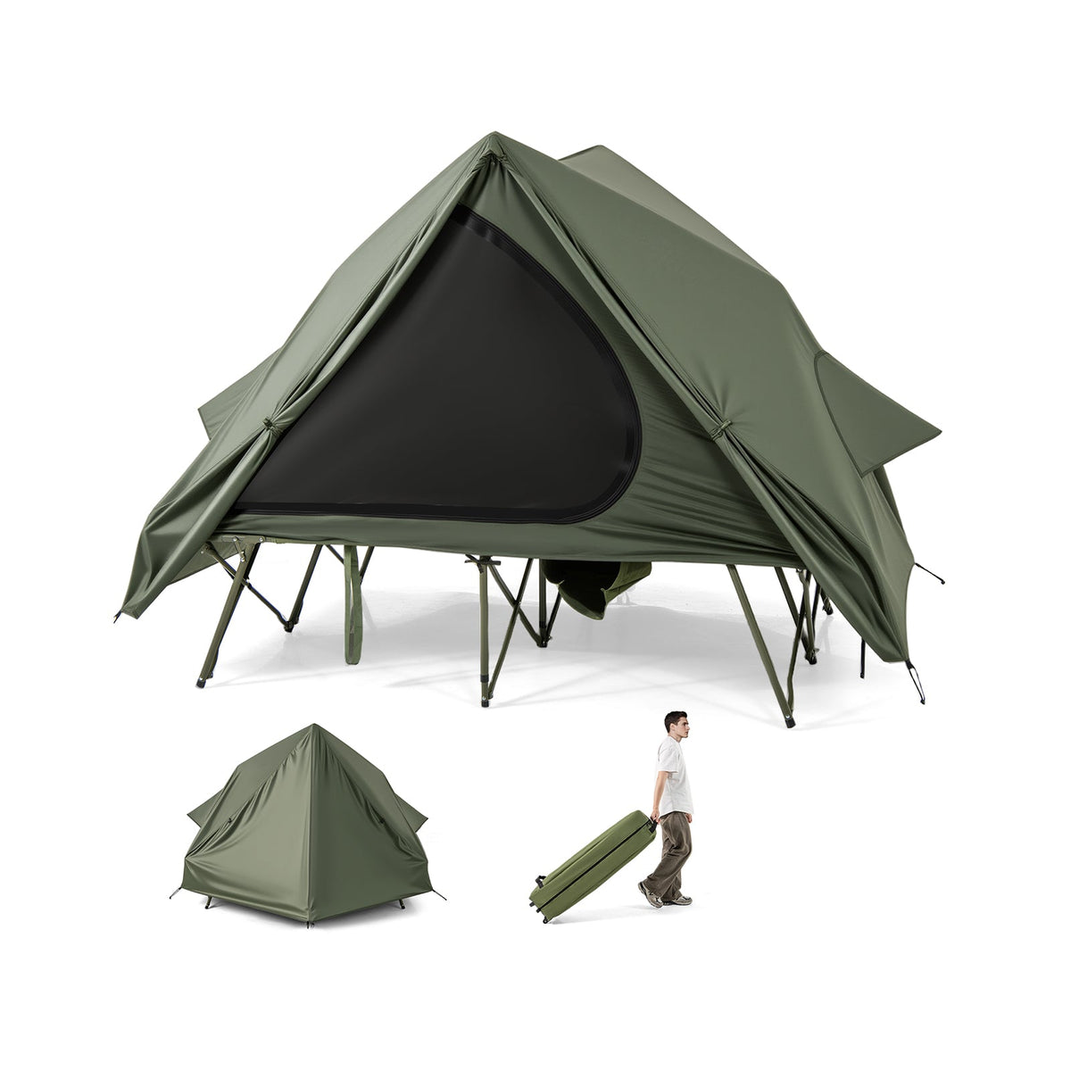 Foldable 2-Person Camping Cot Tent with Pop-up Tent Shelter and Portable Wheeled Bag-Green