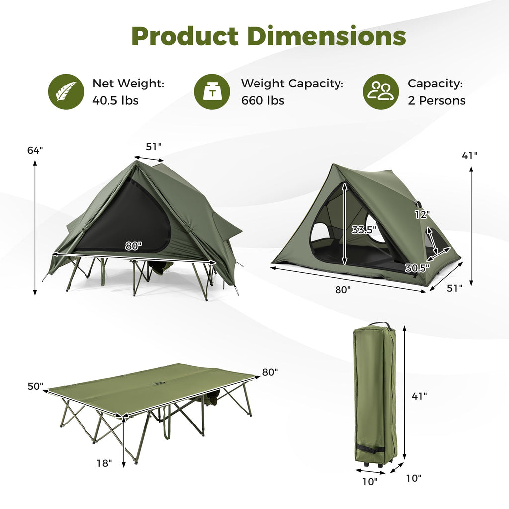 Foldable 2-Person Camping Cot Tent with Pop-up Tent Shelter and Portable Wheeled Bag-Green