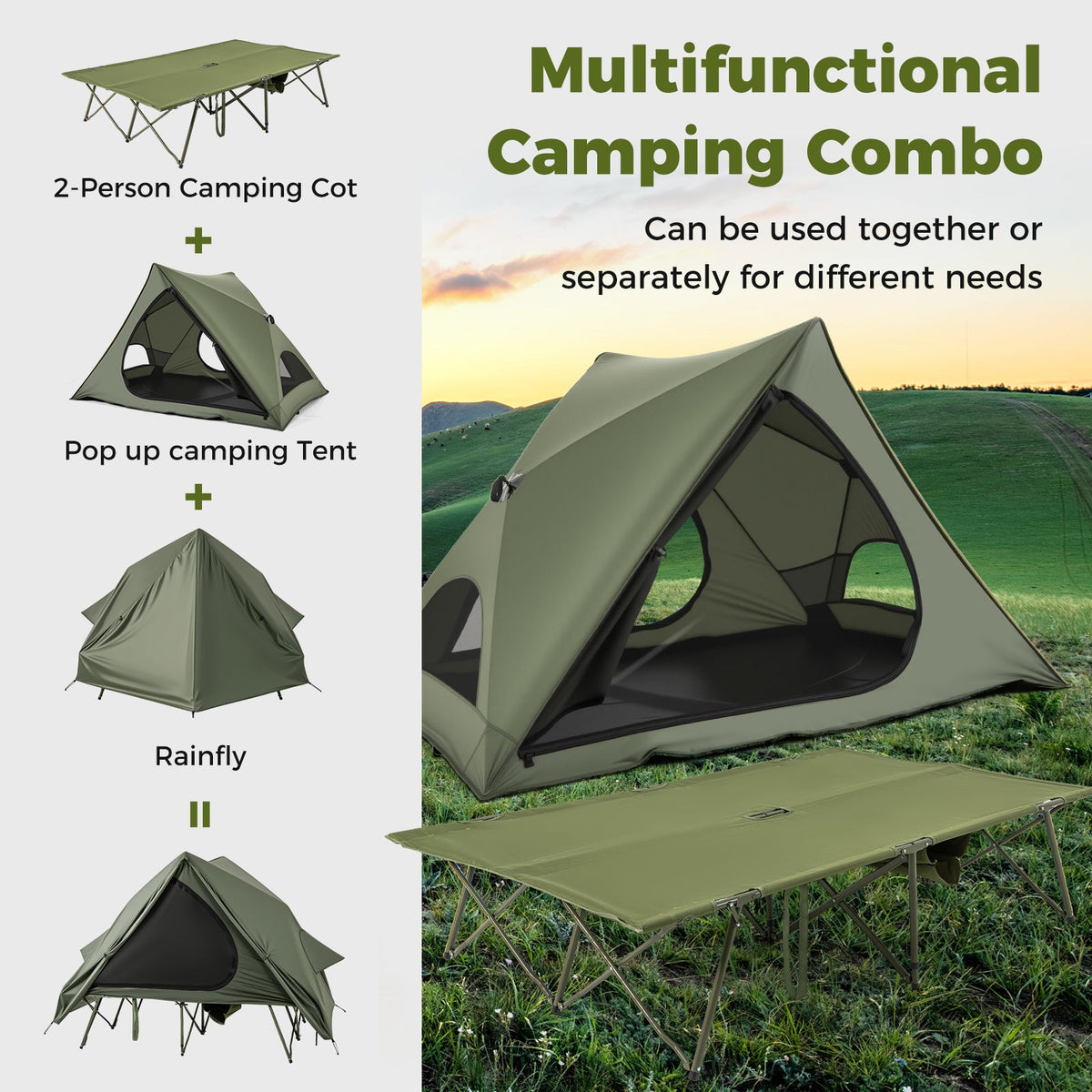 Foldable 2-Person Camping Cot Tent with Pop-up Tent Shelter and Portable Wheeled Bag-Green