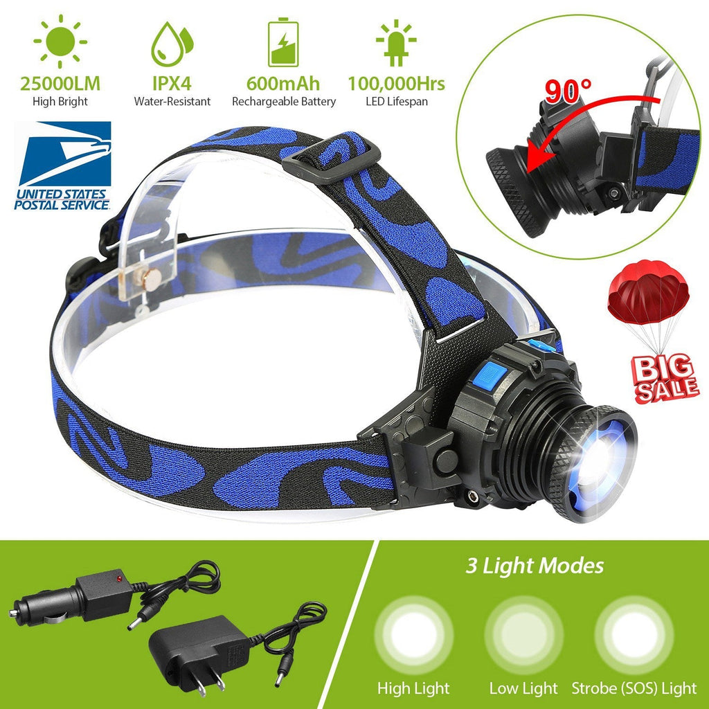 25000 LM Headlamp LED Tactical Headlight Zoomable Flashlight Torch w/Charges Camping