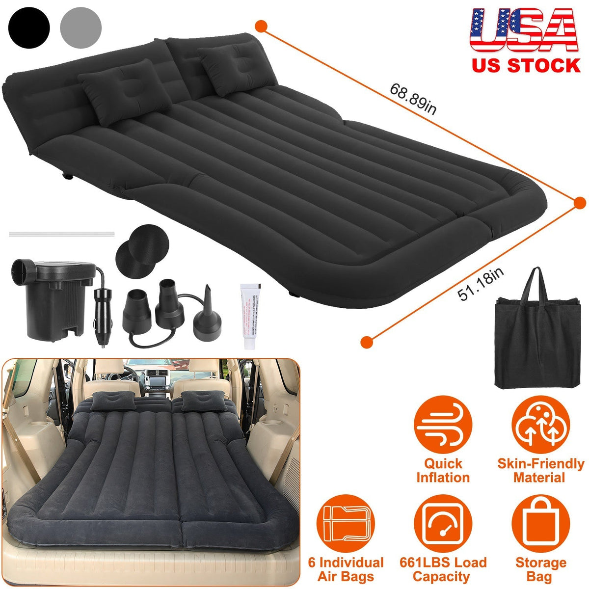 Inflatable SUV Air Mattress Thickened Camping Bed Cushion with Pillow Air Pump Storage Bag PVC Flocked Car Bed for Home Car Travel Camping