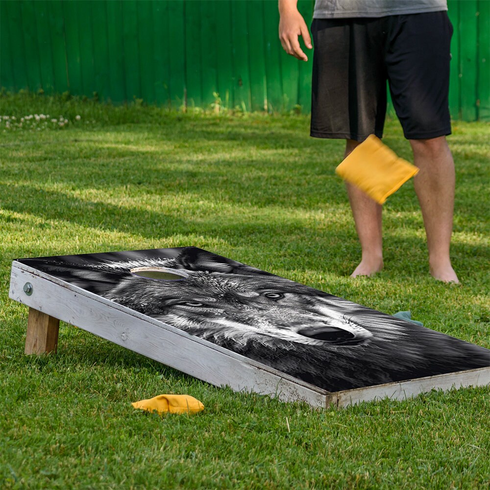 Black and White Wolves Portrait - Cornhole Board Wrap - Set of 2