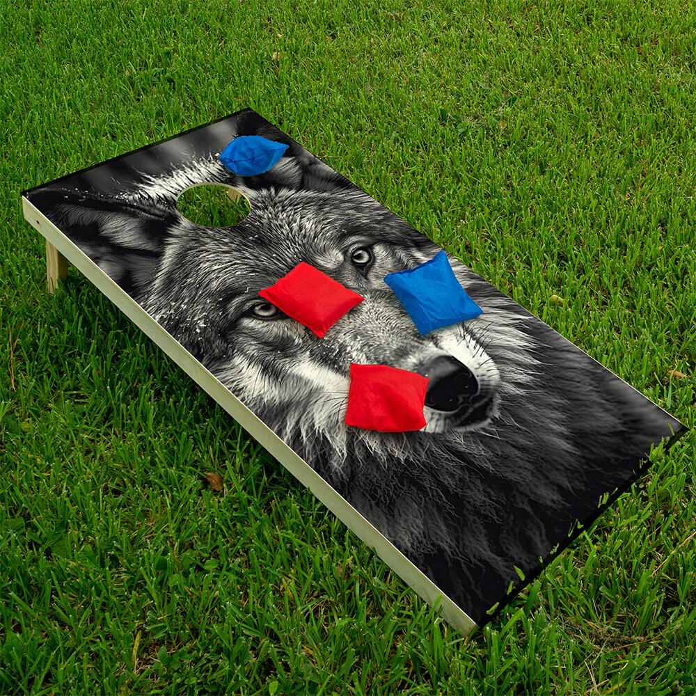Black and White Wolves Portrait - Cornhole Board Wrap - Set of 2